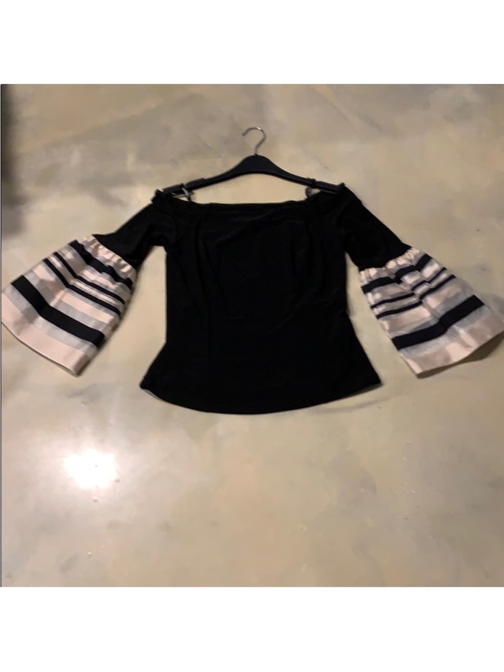 Joseph Ribkoff Black Top with Striped Bell Sleeves